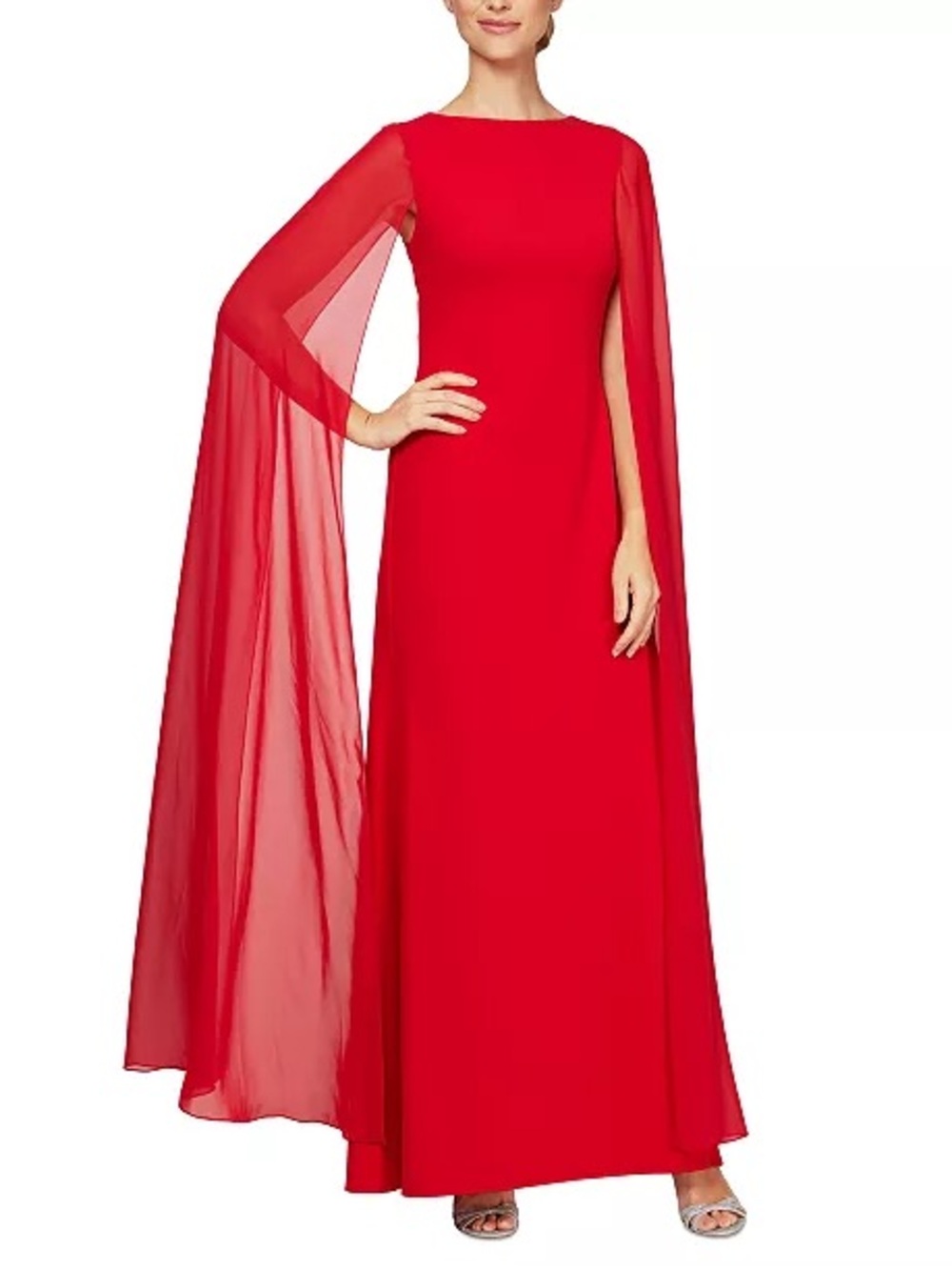Alex Evenings ~ Red Cape-Sleeve Evening Gown